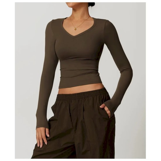 Women Fashion Casual Solid Color Quick-Drying Tight Long-Sleeve Yoga Sports T-Shirt