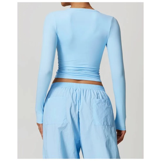 Women Fashion Casual Solid Color Quick-Drying Tight Long-Sleeve Yoga Sports T-Shirt