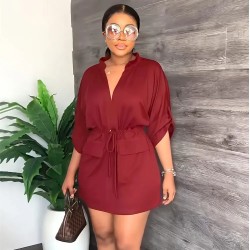 Women Fashion Casual Solid Color V-Neck Short-Sleeve Tight Waist Dress