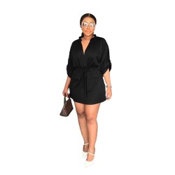Women Fashion Casual Solid Color V-Neck Short-Sleeve Tight Waist Dress
