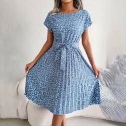 Women Fashion Casual Floral Printed Short-Sleeve Pleated Lace-Up Dress