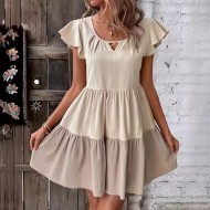 Women Fashion Casual Cotton Linen Color Block V-Neck Short-Sleeve Loose Dress
