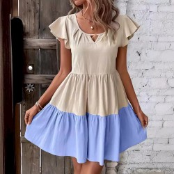 Women Fashion Casual Cotton Linen Color Block V-Neck Short-Sleeve Loose Dress