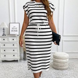 Women Fashion Casual Plus Size Stripe Round-Neck Short-Sleeve Lace-Up Dress