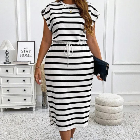 Women Fashion Casual Plus Size Stripe Round-Neck Short-Sleeve Lace-Up Dress