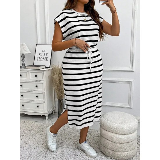 Women Fashion Casual Plus Size Stripe Round-Neck Short-Sleeve Lace-Up Dress