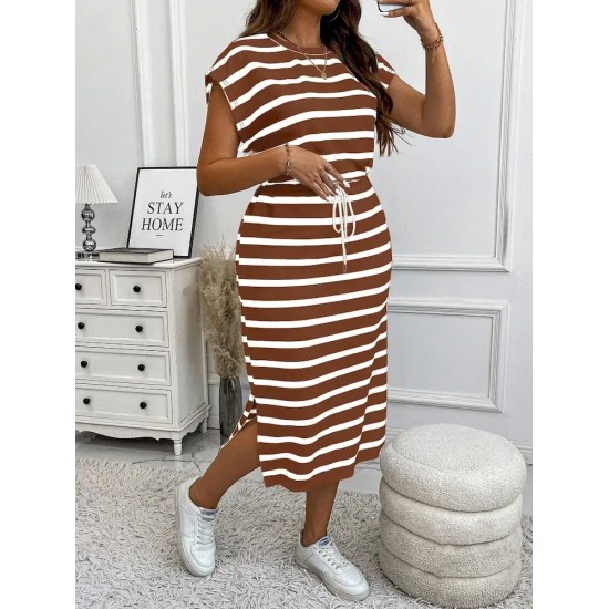 Women Fashion Casual Plus Size Stripe Round-Neck Short-Sleeve Lace-Up Dress