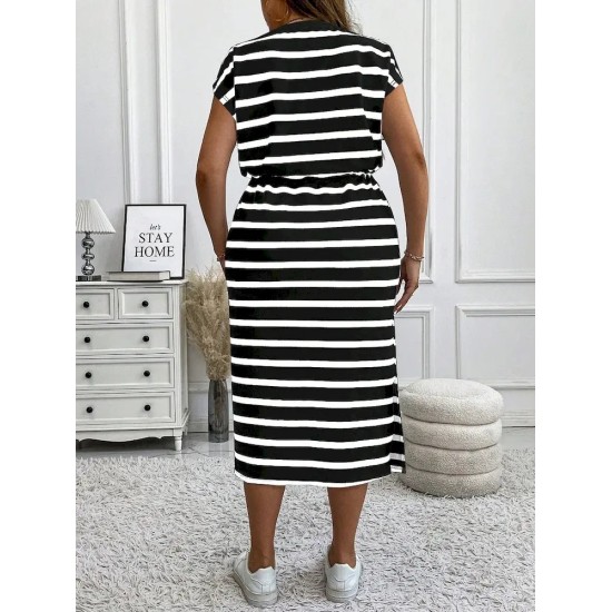 Women Fashion Casual Plus Size Stripe Round-Neck Short-Sleeve Lace-Up Dress
