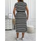 Women Fashion Casual Plus Size Stripe Round-Neck Short-Sleeve Lace-Up Dress