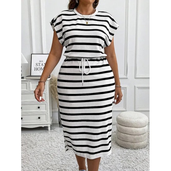 Women Fashion Casual Plus Size Stripe Round-Neck Short-Sleeve Lace-Up Dress