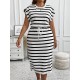 Women Fashion Casual Plus Size Stripe Round-Neck Short-Sleeve Lace-Up Dress