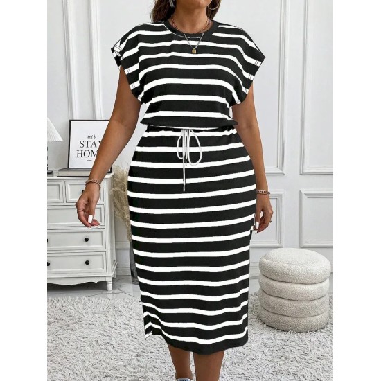 Women Fashion Casual Plus Size Stripe Round-Neck Short-Sleeve Lace-Up Dress