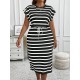 Women Fashion Casual Plus Size Stripe Round-Neck Short-Sleeve Lace-Up Dress