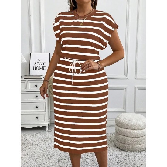 Women Fashion Casual Plus Size Stripe Round-Neck Short-Sleeve Lace-Up Dress