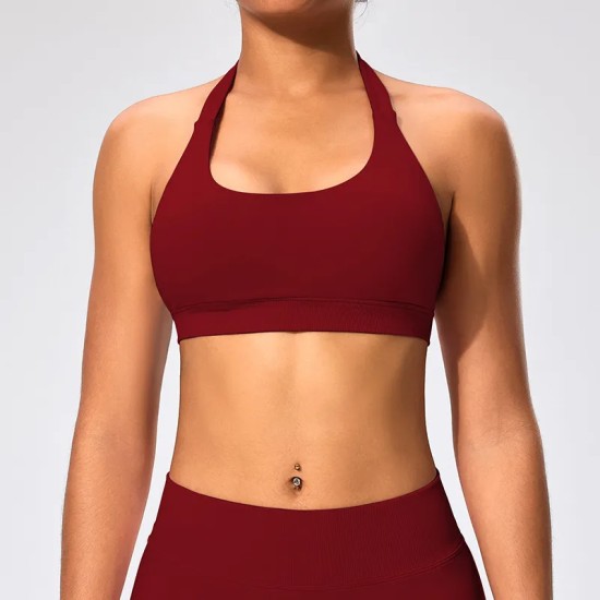 Women Fashion Sexy Solid Color Halter-Neck Backless Sports Yoga Top Bra