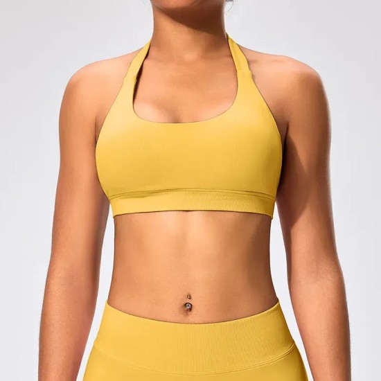 Women Fashion Sexy Solid Color Halter-Neck Backless Sports Yoga Top Bra