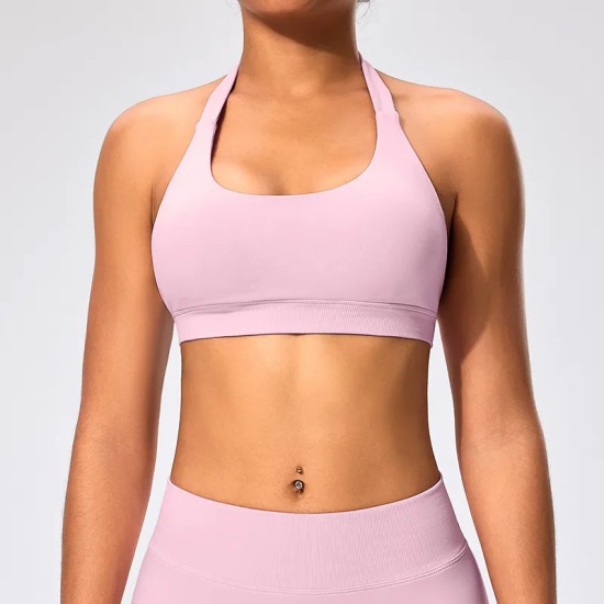 Women Fashion Sexy Solid Color Halter-Neck Backless Sports Yoga Top Bra