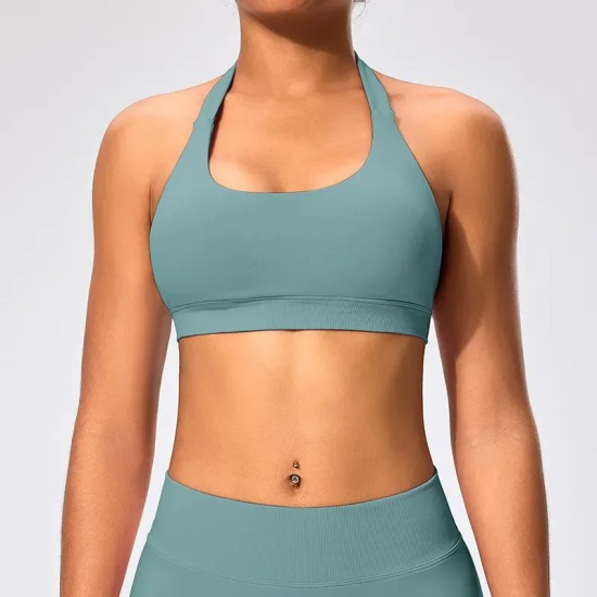 Women Fashion Sexy Solid Color Halter-Neck Backless Sports Yoga Top Bra