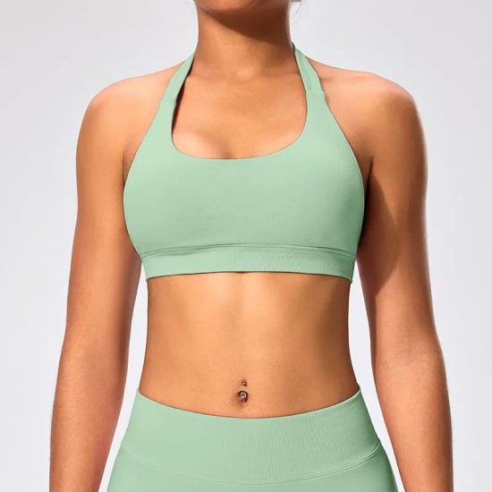 Women Fashion Sexy Solid Color Halter-Neck Backless Sports Yoga Top Bra