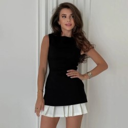 Women Fashion Elegant Stitching Pleated Sleeveless Slim Fit Dress