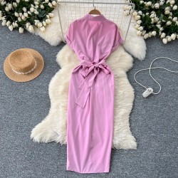 Women Fashion Casual Solid Color Pleated Short-Sleeve Single-Breasted Dress