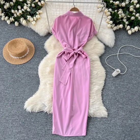 Women Fashion Casual Solid Color Pleated Short-Sleeve Single-Breasted Dress