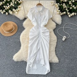 Women Fashion Casual Solid Color Pleated Short-Sleeve Single-Breasted Dress