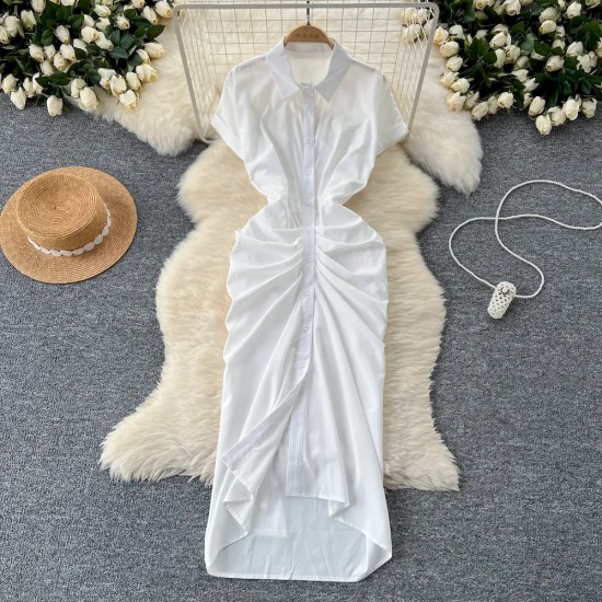 Women Fashion Casual Solid Color Pleated Short-Sleeve Single-Breasted Dress