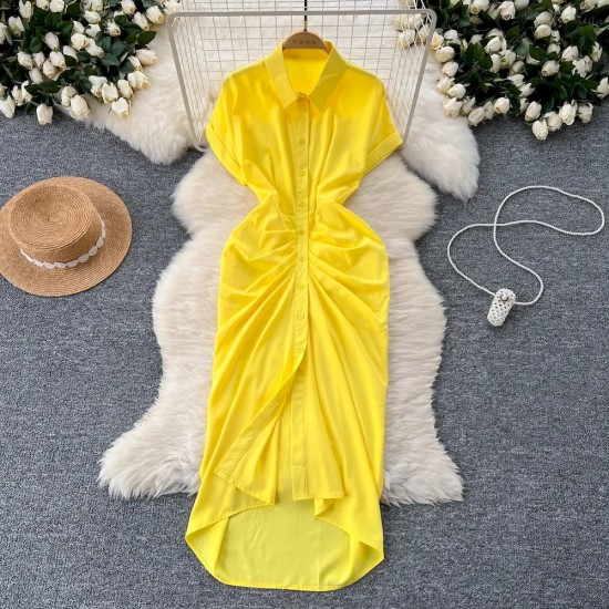 Women Fashion Casual Solid Color Pleated Short-Sleeve Single-Breasted Dress