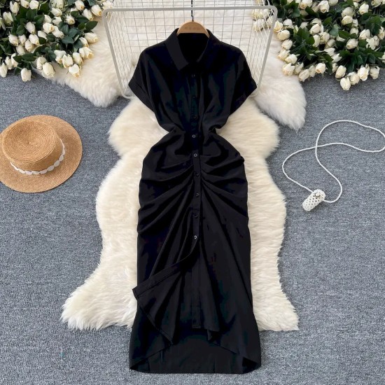 Women Fashion Casual Solid Color Pleated Short-Sleeve Single-Breasted Dress