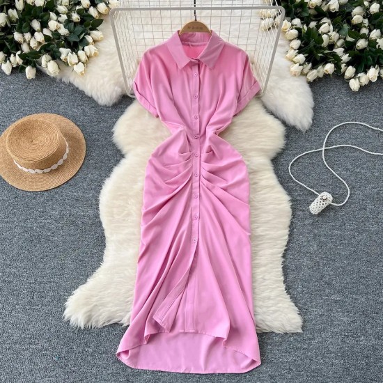 Women Fashion Casual Solid Color Pleated Short-Sleeve Single-Breasted Dress
