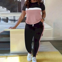 Women Fashion Casual Contrast Color Stitching Short Sleeve T-Shirt Slim Fit Pants Two-Piece Set