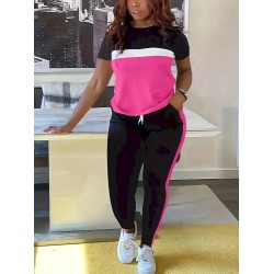 Women Fashion Casual Contrast Color Stitching Short Sleeve T-Shirt Slim Fit Pants Two-Piece Set