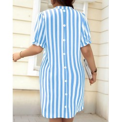 Women Fashion Casual Stripe V-Neck Short Sleeve Loose Dress