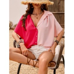 Women Fashion Casual Color Block Lapel Short Sleeve Single Breasted Loose Blouse