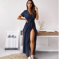 Women Fashion Casual Dot Printed V-Neck Short-Sleeve Loose Dress