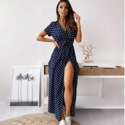 Women Fashion Casual Dot Printed V-Neck Short-Sleeve Loose Dress