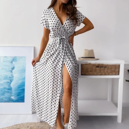 Women Fashion Casual Dot Printed V-Neck Short-Sleeve Loose Dress