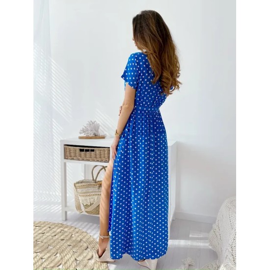 Women Fashion Casual Dot Printed V-Neck Short-Sleeve Loose Dress