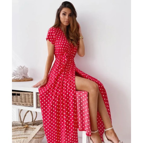 Women Fashion Casual Dot Printed V-Neck Short-Sleeve Loose Dress