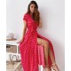 Women Fashion Casual Dot Printed V-Neck Short-Sleeve Loose Dress