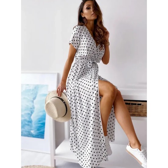 Women Fashion Casual Dot Printed V-Neck Short-Sleeve Loose Dress