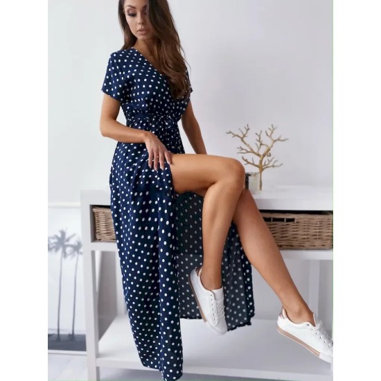 Women Fashion Casual Dot Printed V-Neck Short-Sleeve Loose Dress