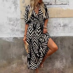 Women Fashion Casual Printed V-Neck Short-Sleeve Loose Dress