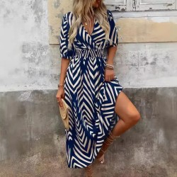 Women Fashion Casual Printed V-Neck Short-Sleeve Loose Dress