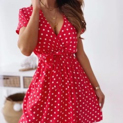 Women Fashion Casual Dot Print V-Neck Short-Sleeve Lace-Up Loose Dress