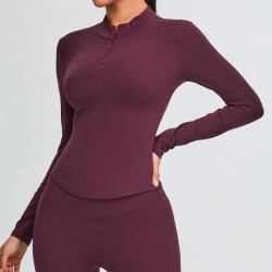 Women Fashion Casual Solid Color Long-Sleeve Zipper Yoga T-Shirt