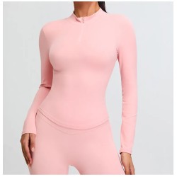 Women Fashion Casual Solid Color Long-Sleeve Zipper Yoga T-Shirt