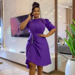 Women Fashion Elegant Solid Color Short Sleeve Pleated Dress