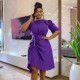 Women Fashion Elegant Solid Color Short Sleeve Pleated Dress
